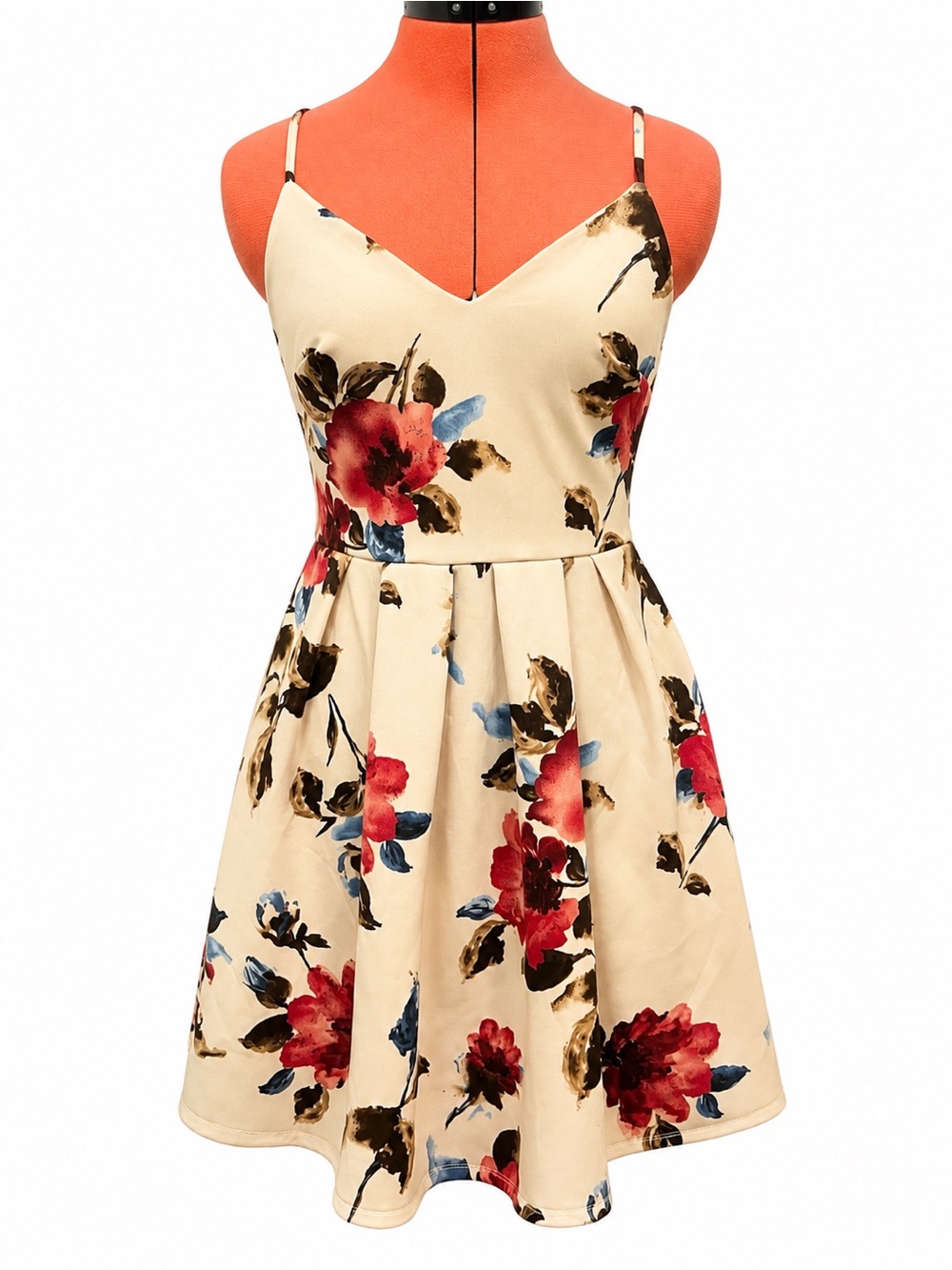 Floral Spaghetti-Strap A-Line Dress - Cream with Red Floral